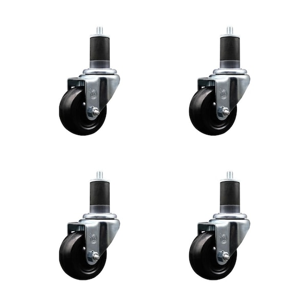3'' SS Soft Rubber Wheel Swivel 1-5/8'' Expanding Stem Caster Set, 4PK